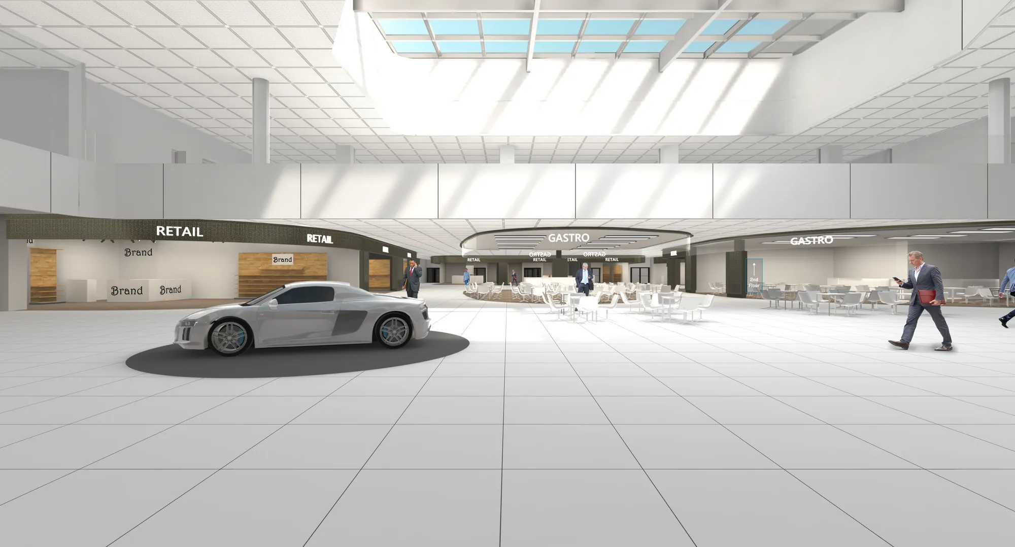 Rendering of the terminal hall with retail units, the gastro island and a car exhibit