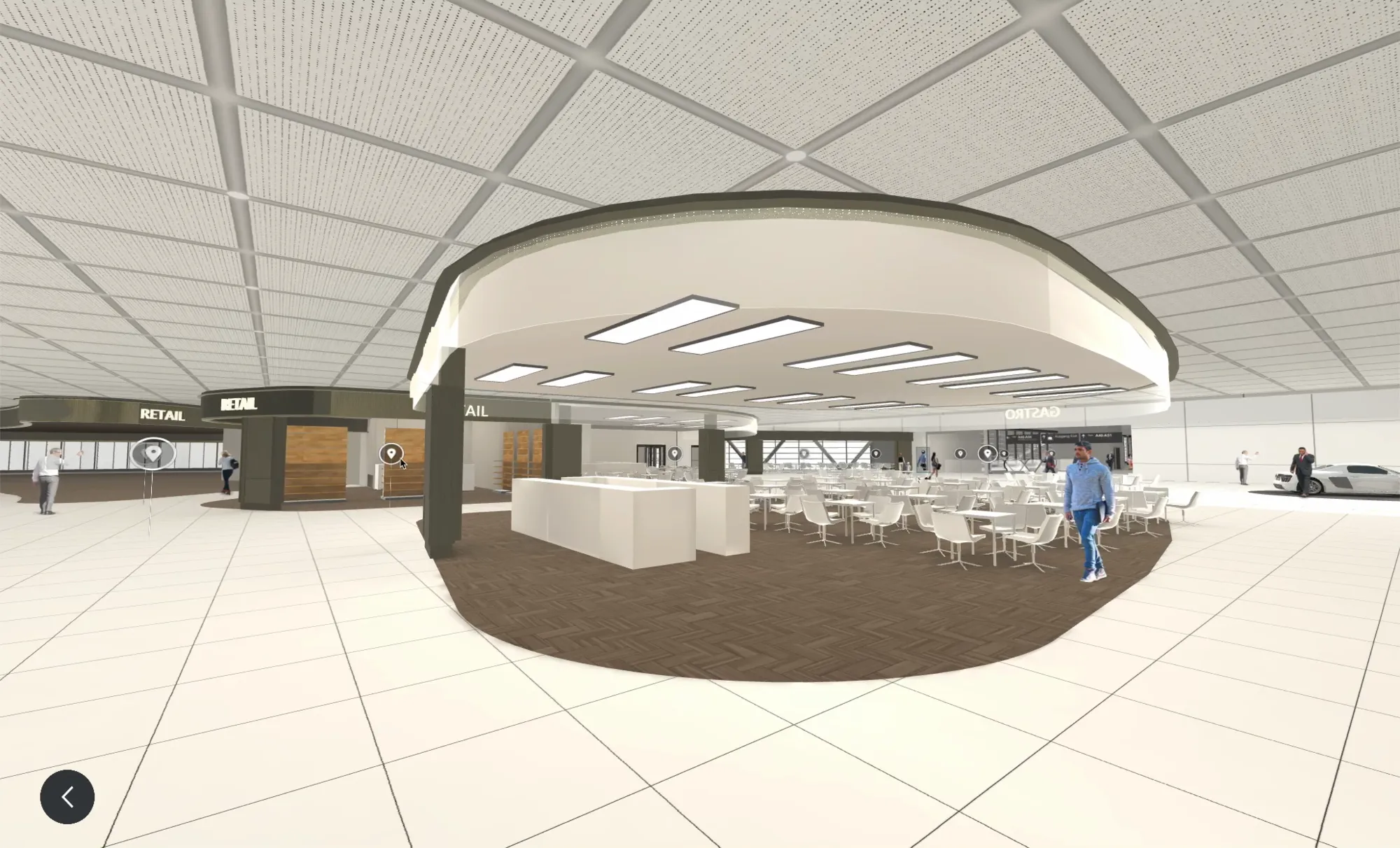 Gastro island with seating in the 3D tour of Munich Airport