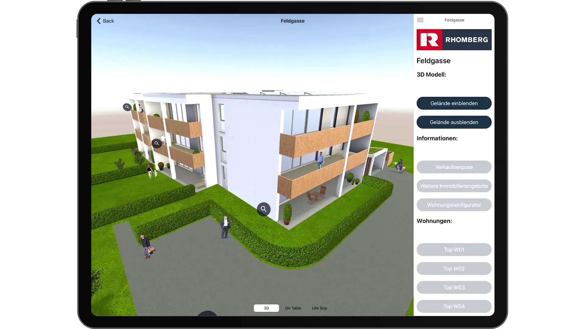 Rhomberg-Wohngebäude in 3D mit Wohnungsinfos auf dem iPad