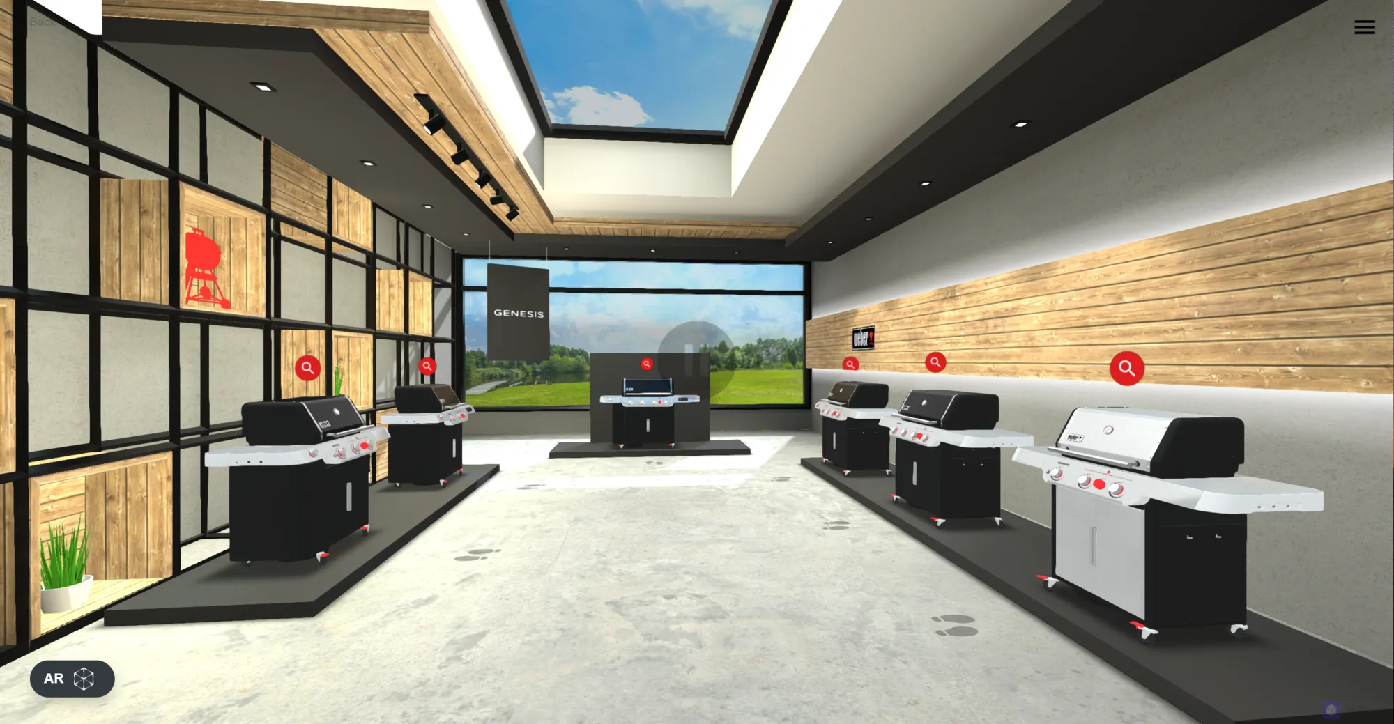 Weber virtual showroom with grills in a hall